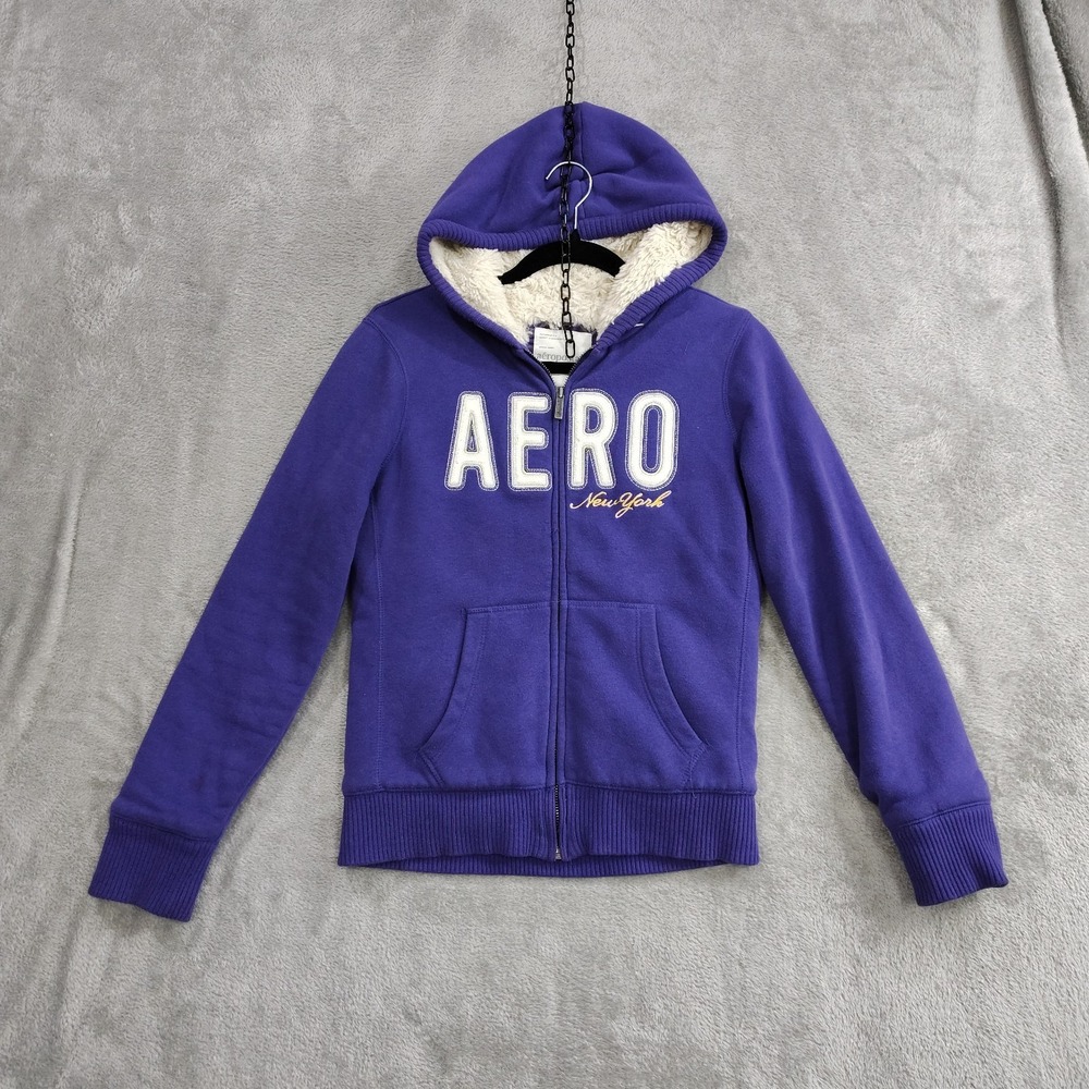 Aeropostale Hoodie Womens M Sherpa Lined‎ Full Zip Fleece Embroidered Y2K Preppy